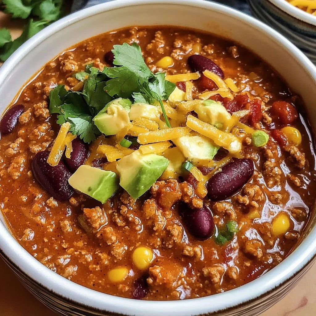 Bowl of easy homemade chili topped with cheese and cilantro