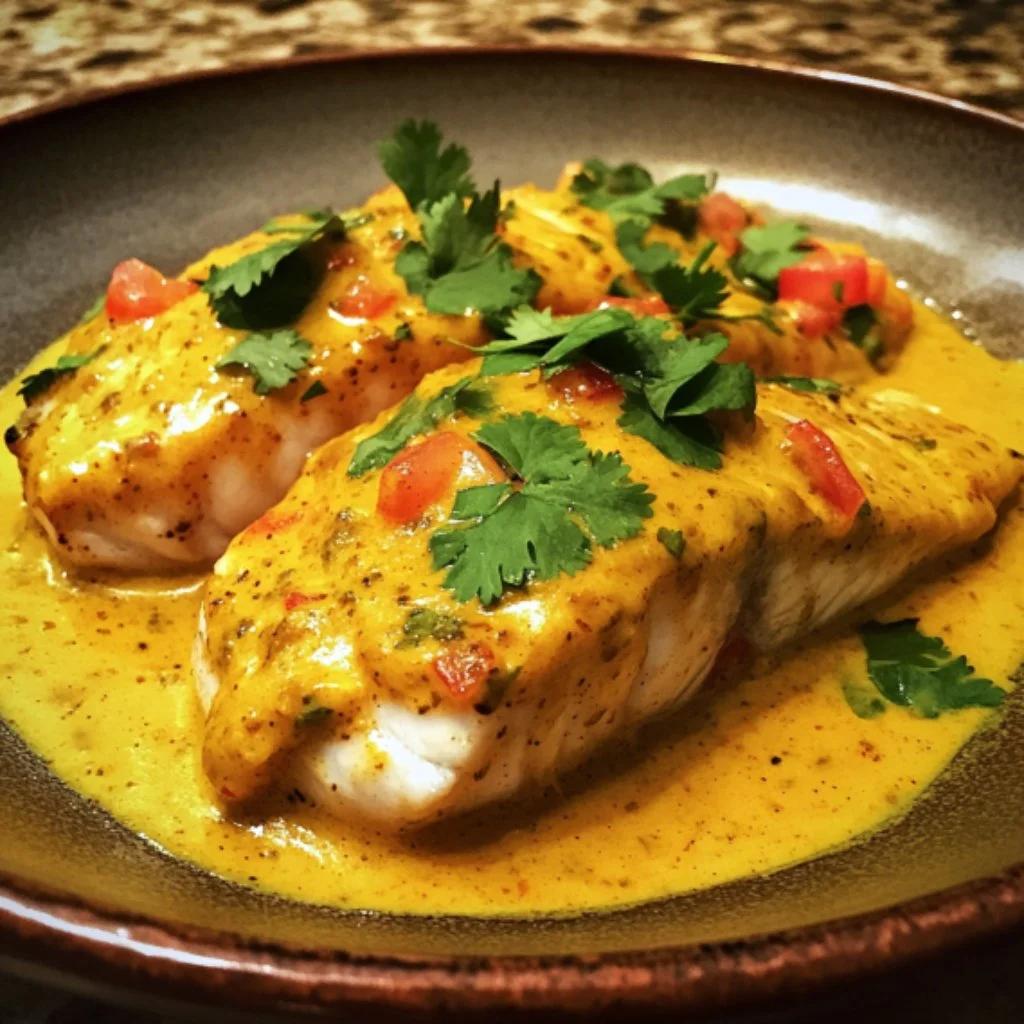 Fish fillets topped with creamy cashew sauce on a plate