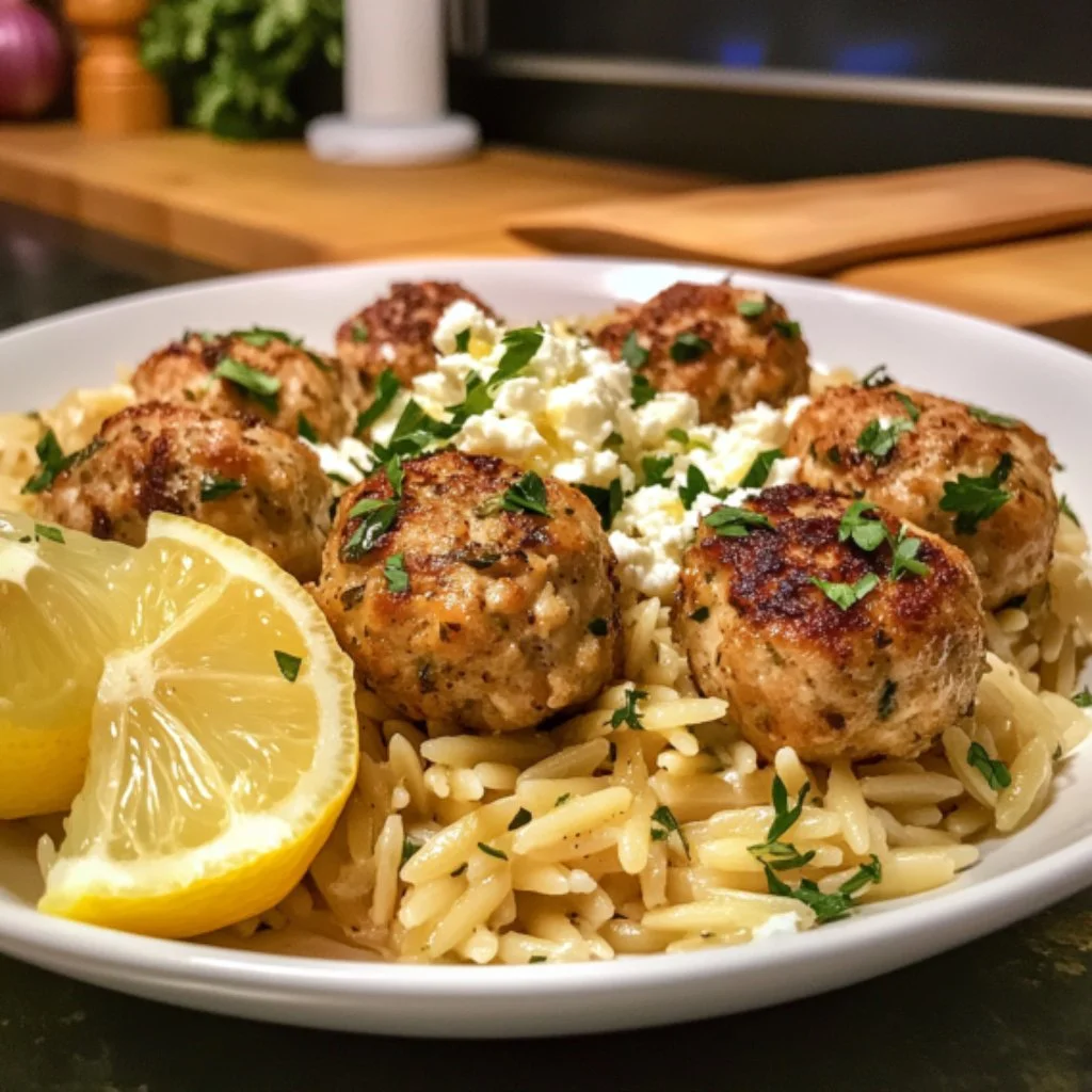 Delicious Greek Chicken Meatballs served with Lemon Orzo on a plate.
