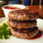 Juicy grilled beef patties ready to serve on a barbecue plate