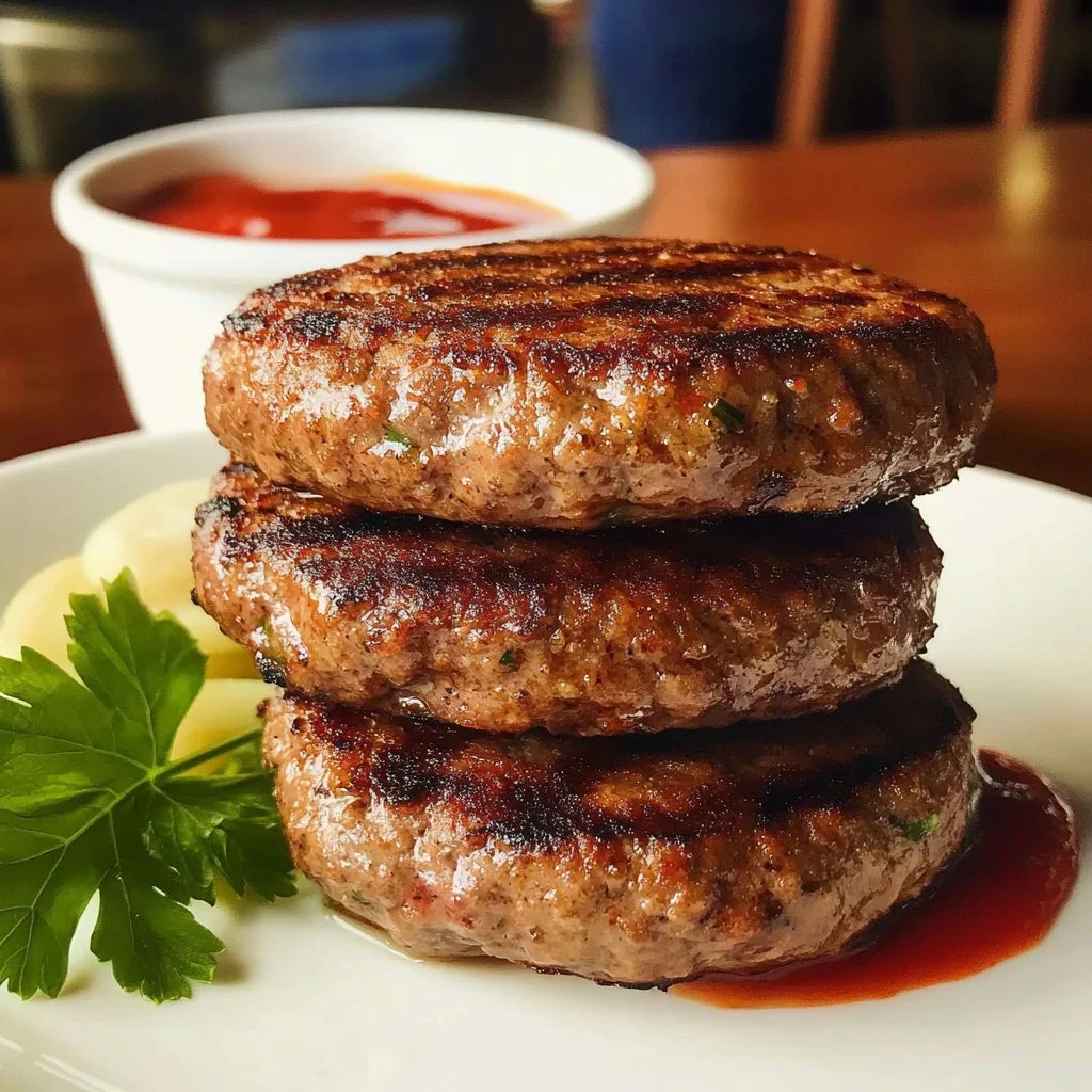 Juicy grilled beef patties ready to serve on a barbecue plate