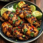 Plate of grilled lemongrass chicken garnished with herbs and lemon slices
