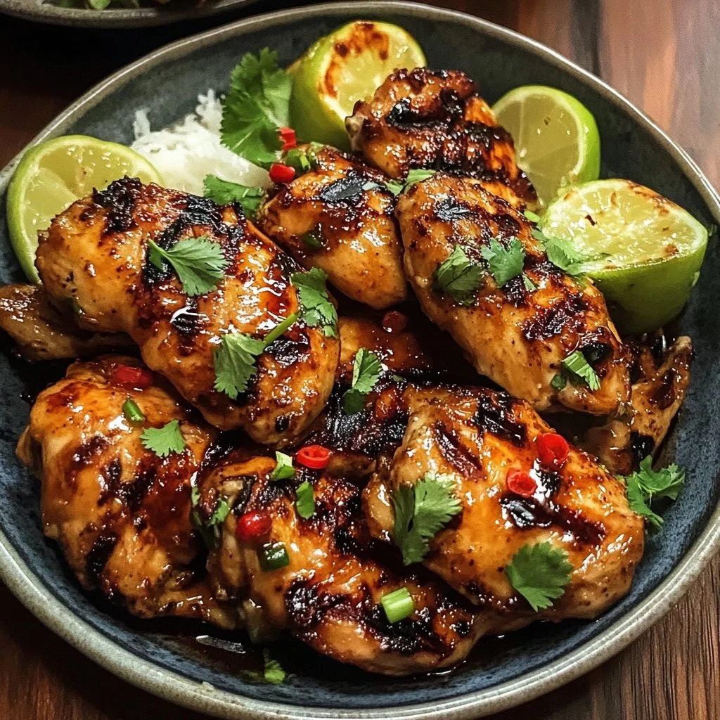 Plate of grilled lemongrass chicken garnished with herbs and lemon slices