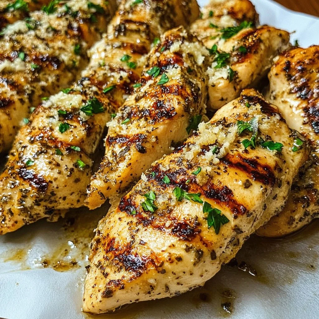 Juicy grilled Parmesan chicken served with fresh herbs and sides