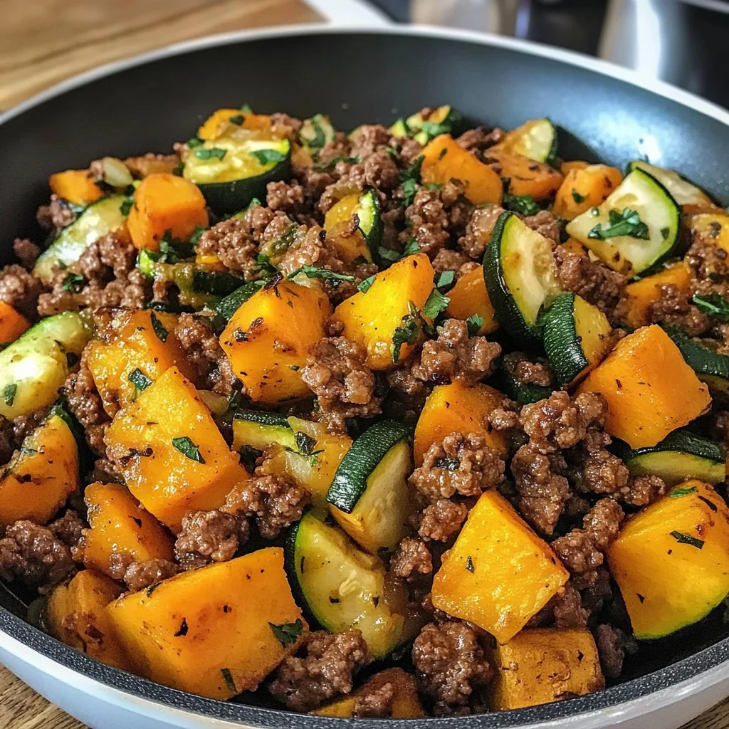 Ground beef zucchini sweet potato skillet recipe ready to serve.