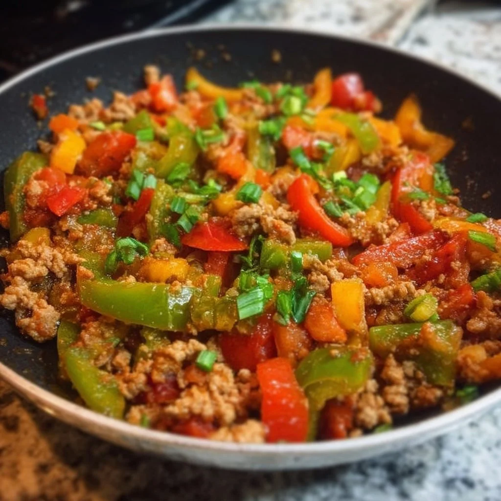 Ground Turkey and Bell Pepper Skillet with colorful vegetables in a pan