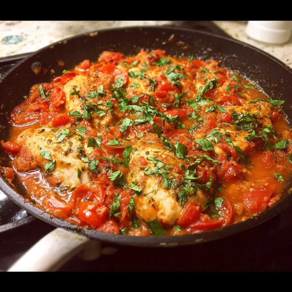Healthy Chicken Pomodoro Skillet with fresh tomatoes and basil