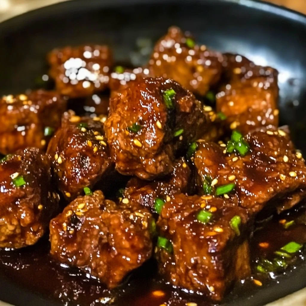 Honey garlic steak bites served on a platter, showcasing glazed meat cubes.