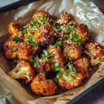 Korean baked cauliflower served on a white plate with sesame seeds and green onions