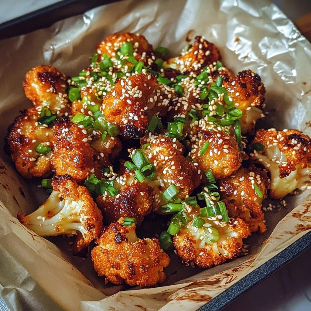 Korean baked cauliflower served on a white plate with sesame seeds and green onions