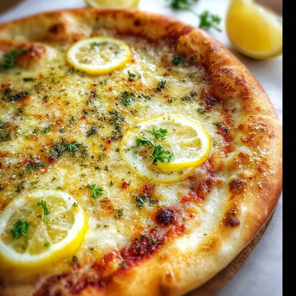 Delicious Lemon Pizza topped with fresh herbs and lemon slices, perfect for citrus lovers