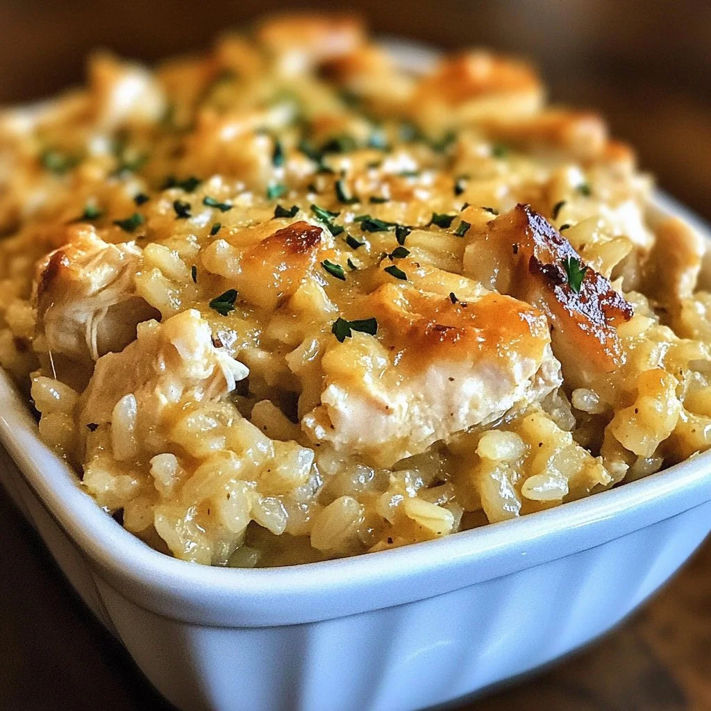 Delicious Mamaw's Chicken and Rice Casserole served in a baking dish