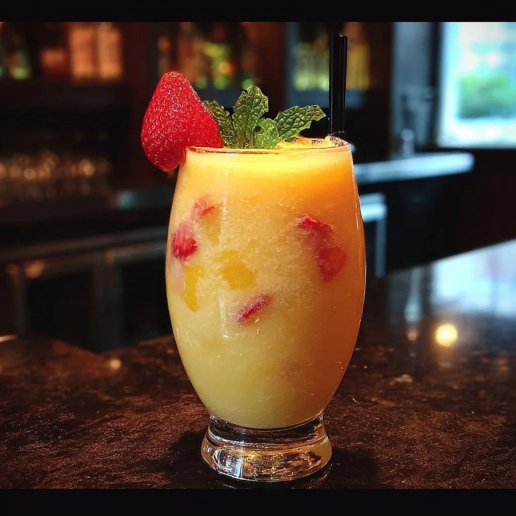 Mango Strawberry Piña Colada in a coconut cup with garnishes
