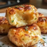 Crispy mashed potato cheese puffs served on a plate with a dipping sauce.
