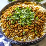 Mujadara lentils and rice served in a bowl with spices and garnished.