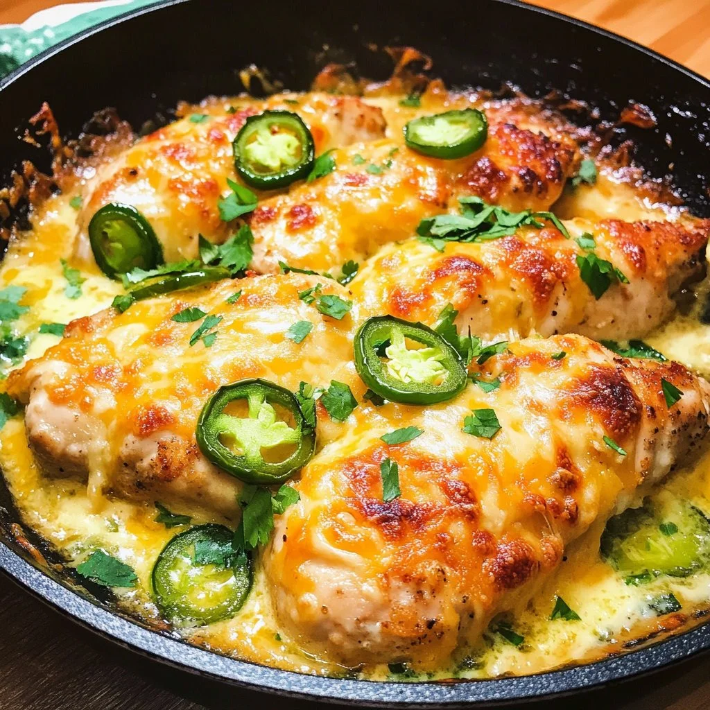 One Pan Cheesy Jalapeño Chicken with vibrant jalapeños and melted cheese