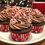 Festive peppermint mocha chocolate cupcakes topped with creamy frosting and chocolate shavings