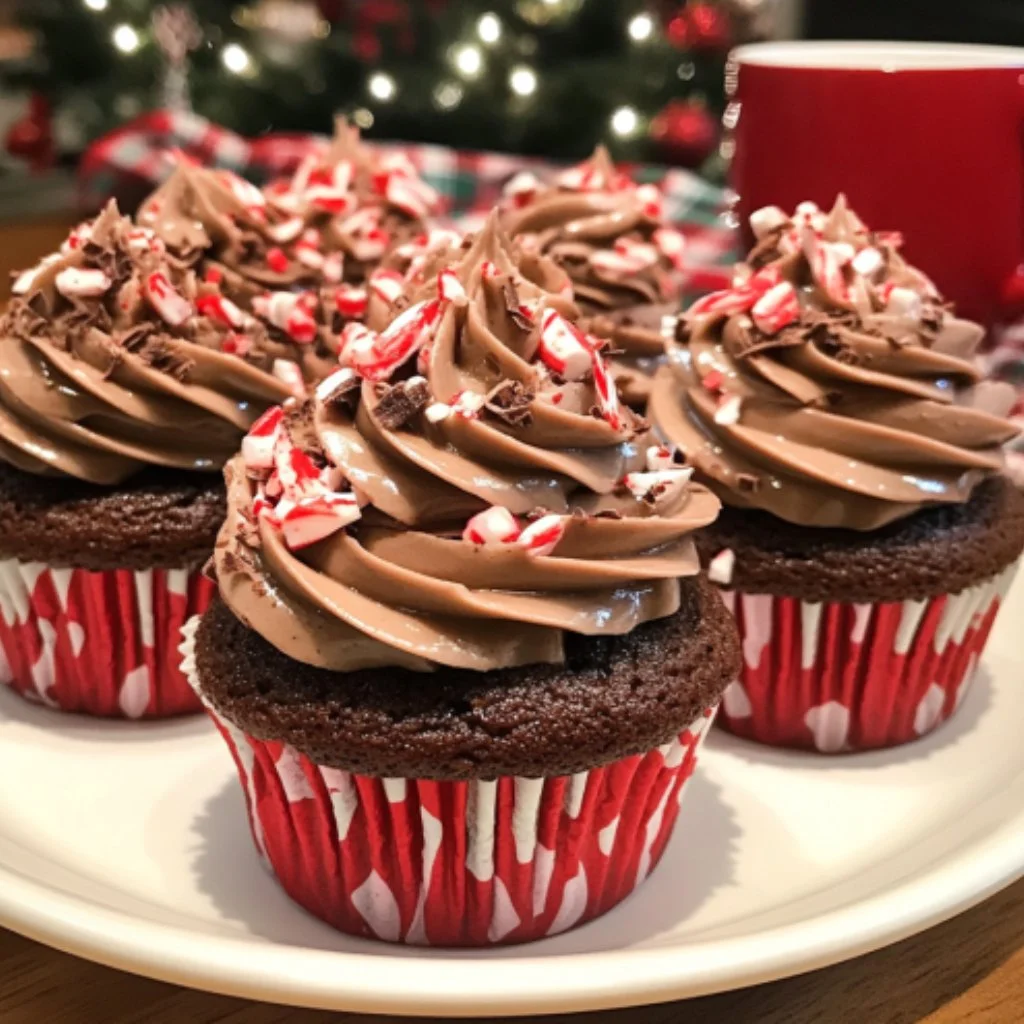 Festive peppermint mocha chocolate cupcakes topped with creamy frosting and chocolate shavings