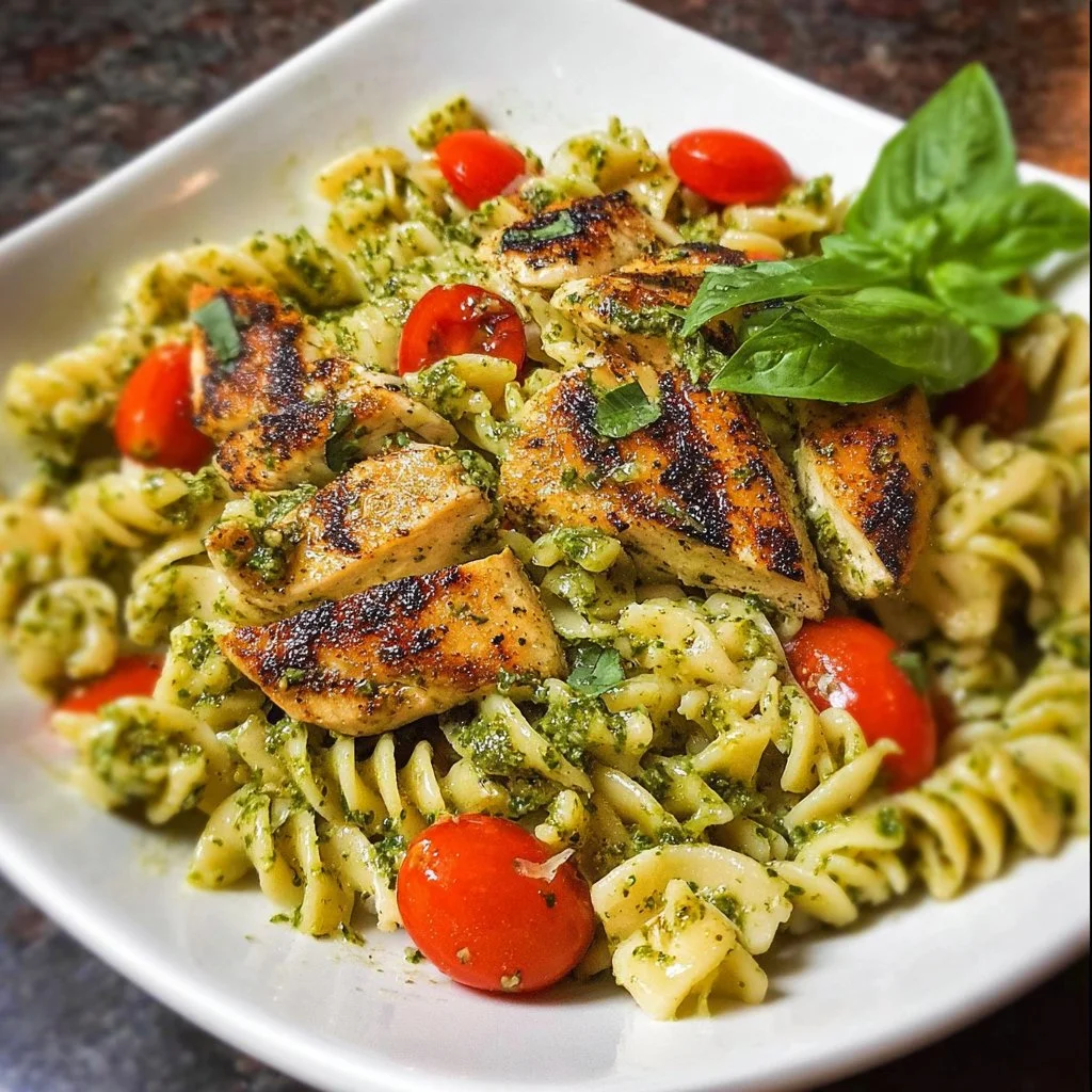 A plate of pesto pasta topped with grilled chicken and fresh basil.