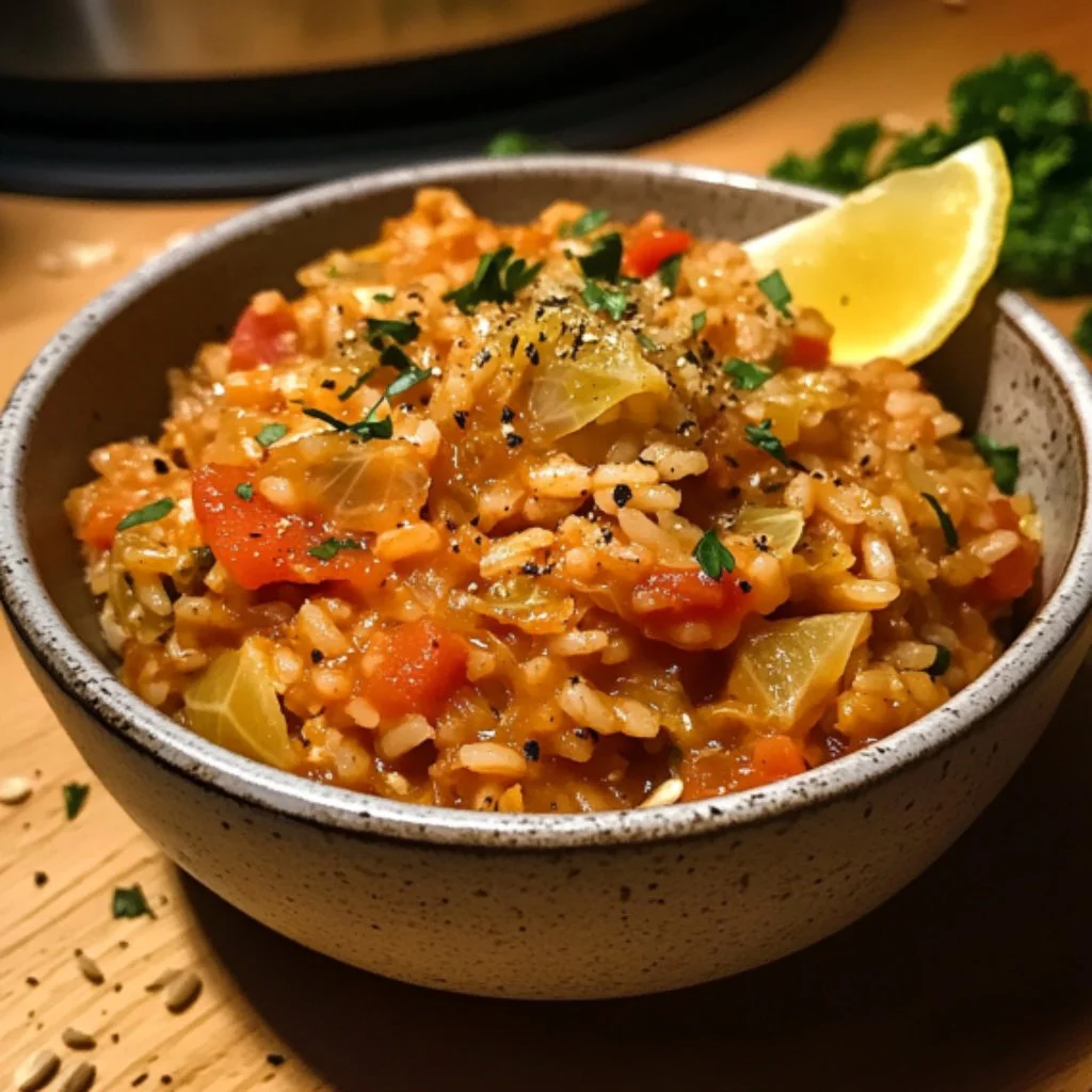 Plate of Lahanorizo featuring rice and cabbage in savory sauce
