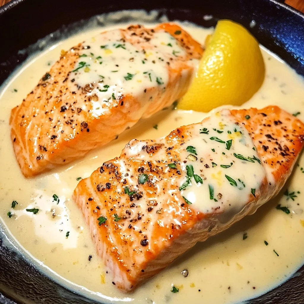 Salmon fillet with lemon cream sauce on a plate