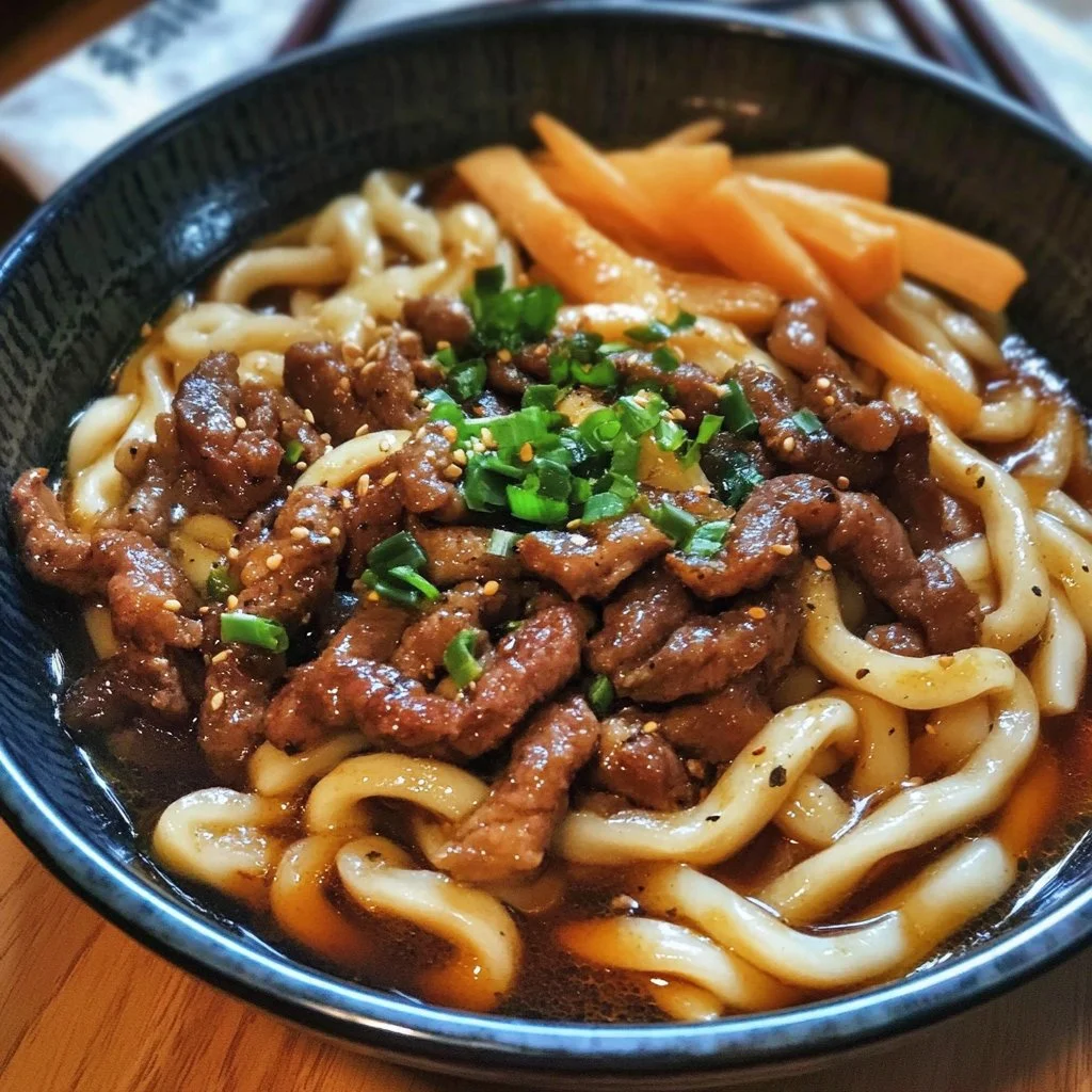 Delicious black pepper beef udon in a bowl, garnished with green onions
