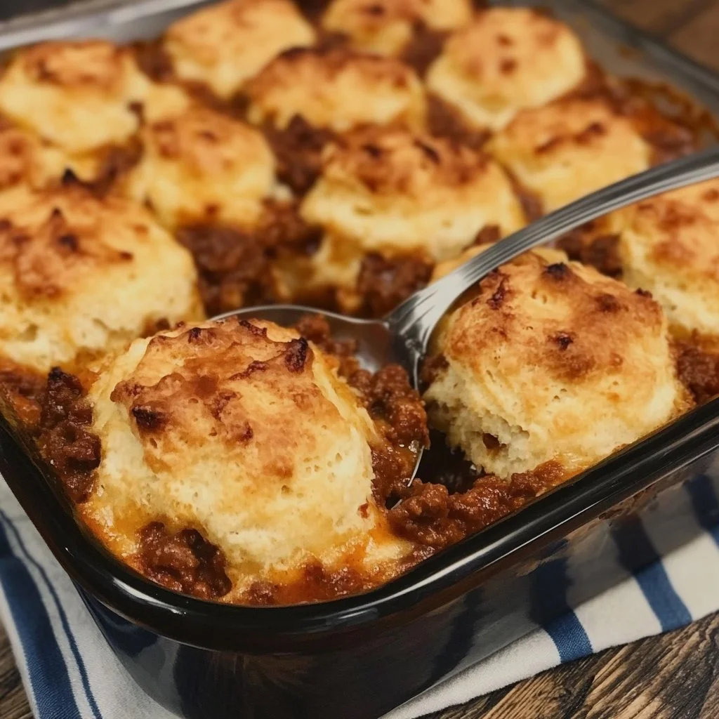 Plate of Sloppy Joe Biscuit Casserole with cheese and herbs