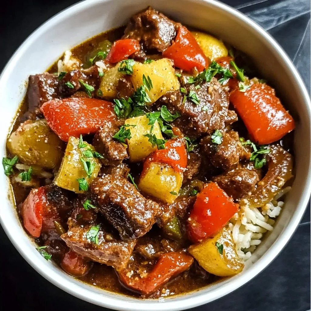 Delicious slow cooked summer beef casserole served with fresh vegetables