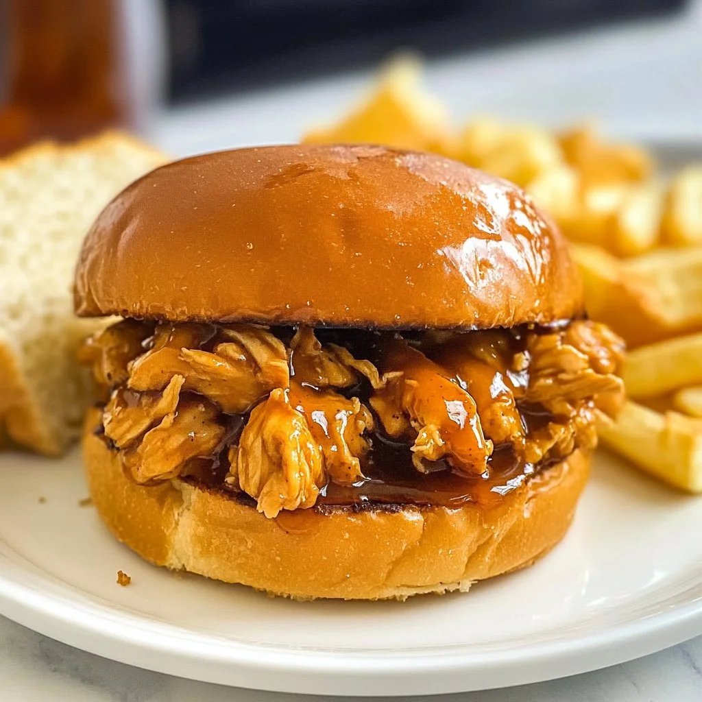 Slow Cooker Hot Honey Chicken Sandwiches served on a plate with garnishes