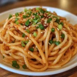 A delicious bowl of spicy garlic noodles garnished with fresh herbs and chili flakes.