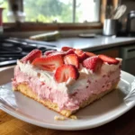 Delicious strawberry cream cheese cake topped with fresh strawberries and cream