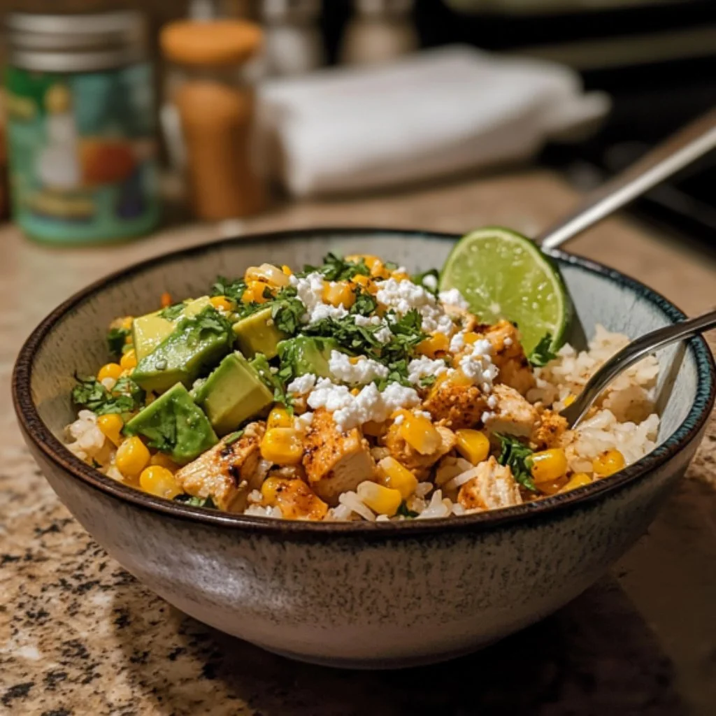 Street Corn Chicken Rice Bowl with vibrant ingredients and flavors