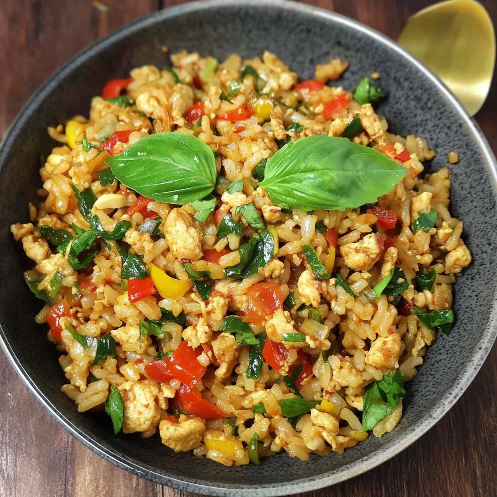 Plate of Thai Basil Fried Rice with fresh basil and colorful vegetables