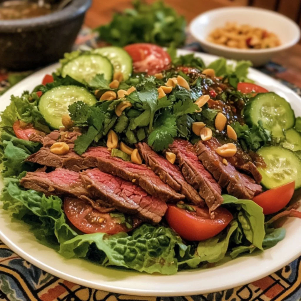 Delicious Thai Beef Salad with fresh vegetables and beef slices