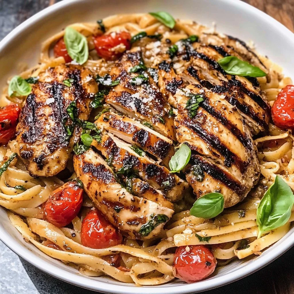 Plate of Tomato Basil Pasta topped with Balsamic Grilled Chicken