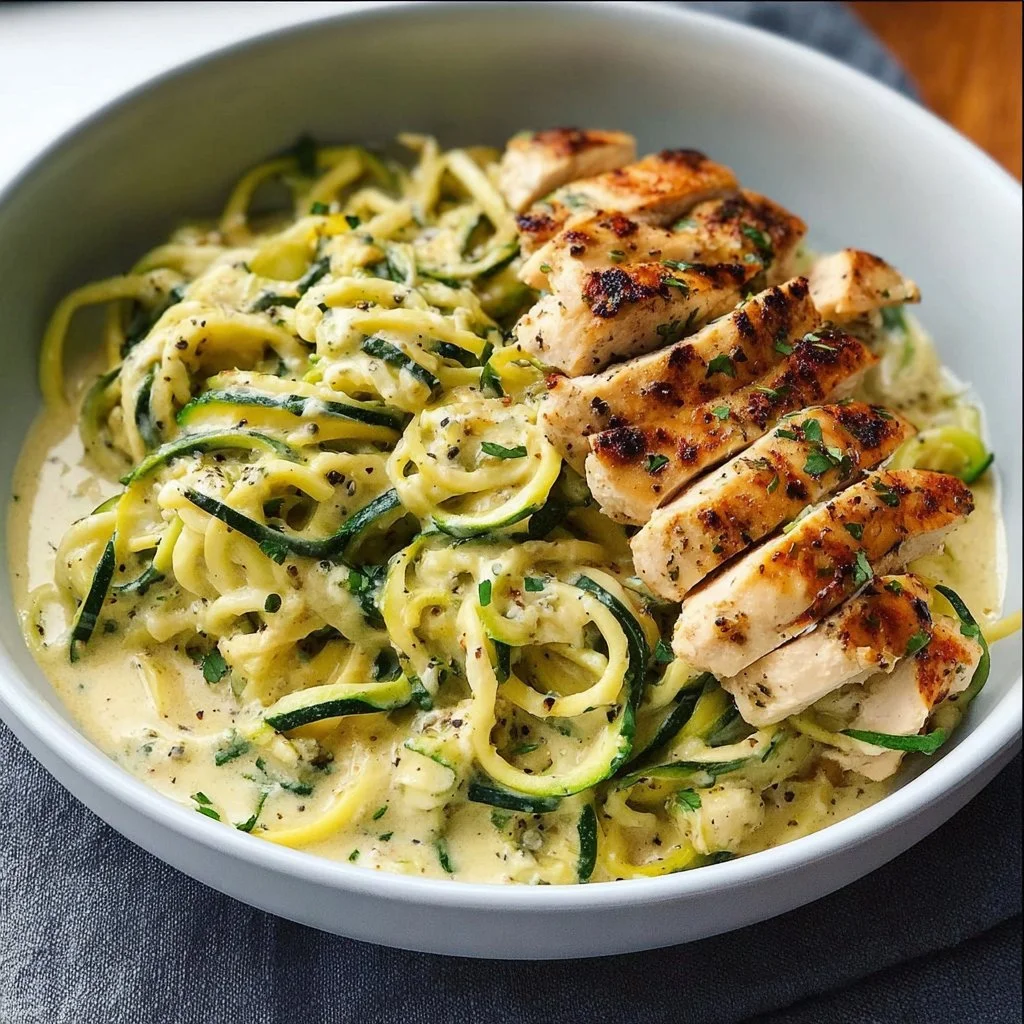 Zucchini Noodle Chicken Alfredo served in a bowl with fresh herbs
