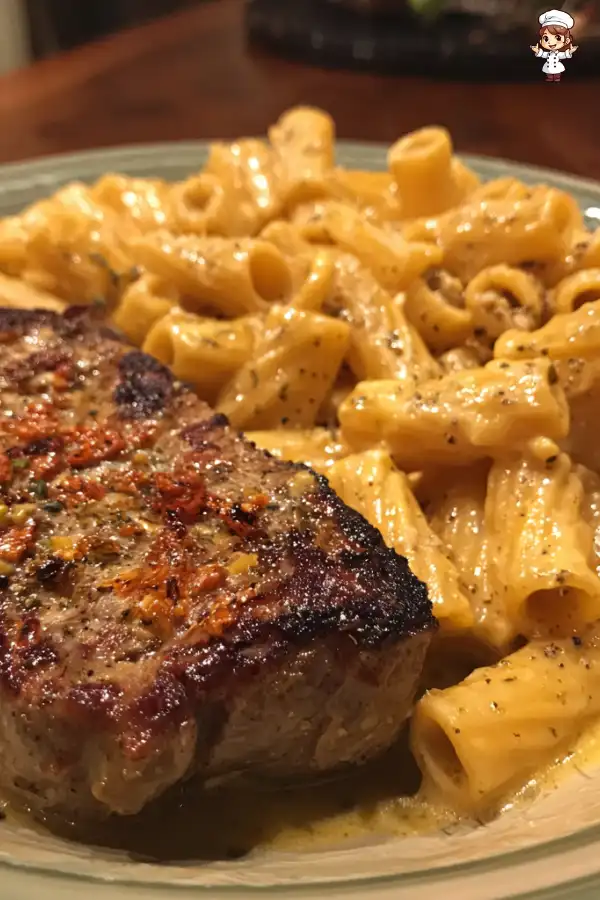 Cheesy Garlic Butter Steak with Rigatoni and Four-Cheese Sauce 