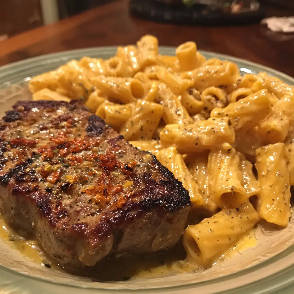 Cheesy Garlic Butter Steak with Rigatoni and Four-Cheese Sauce