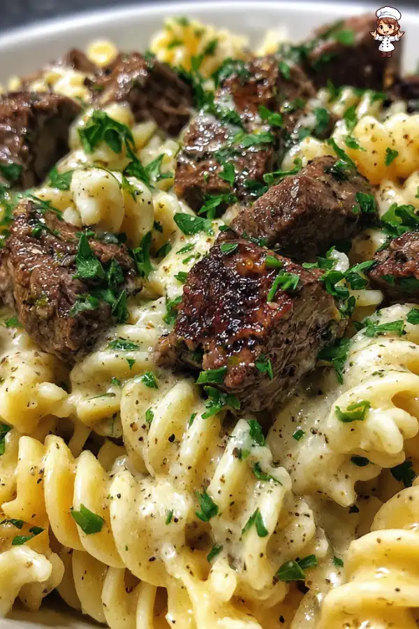 Garlic Parmesan Steak Bites over Rotini