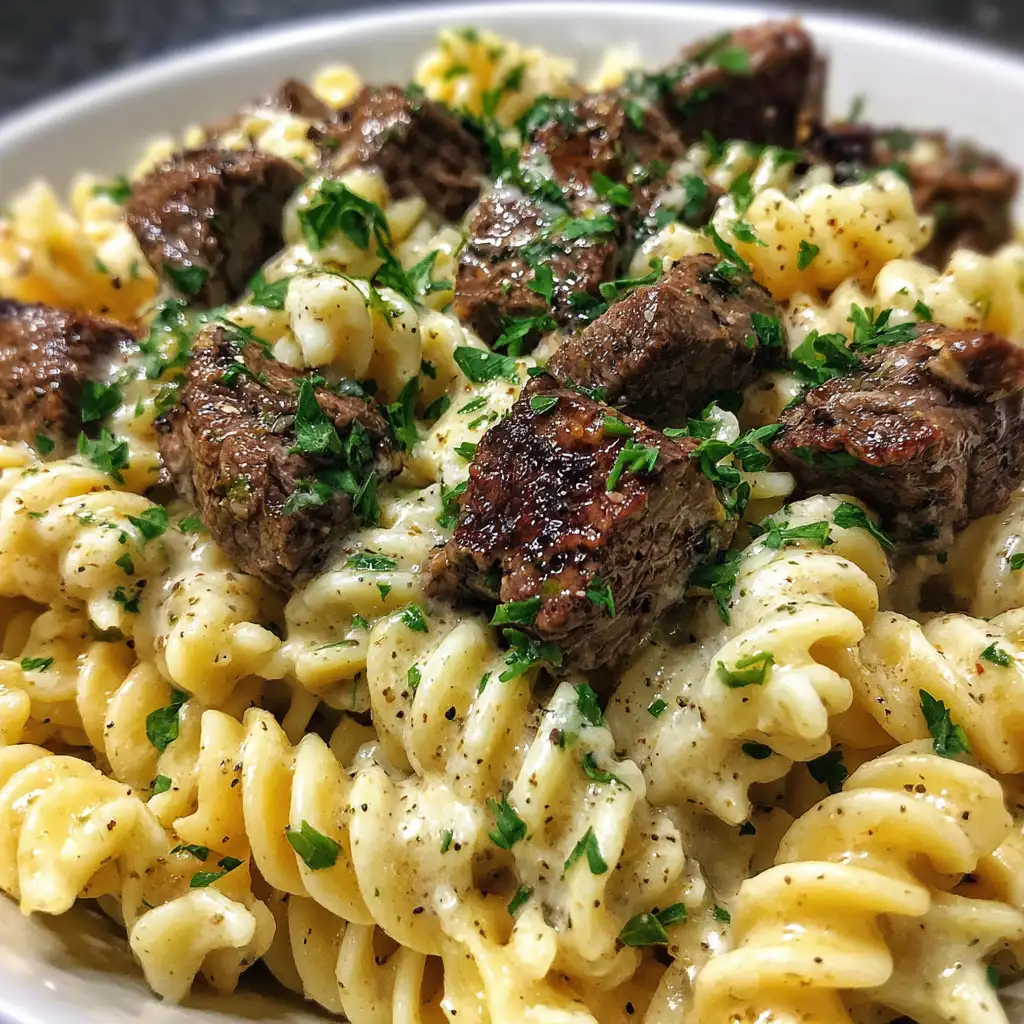 Garlic Parmesan Steak Bites over Rotini