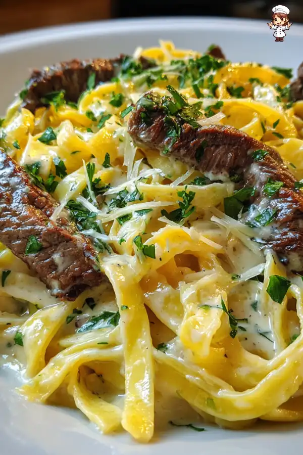 Velveeta Steak Fettuccine with Garlic Butter Sauce