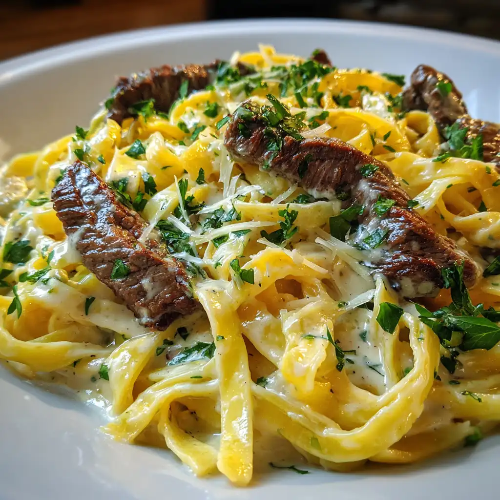 Velveeta Steak Fettuccine with Garlic Butter Sauce