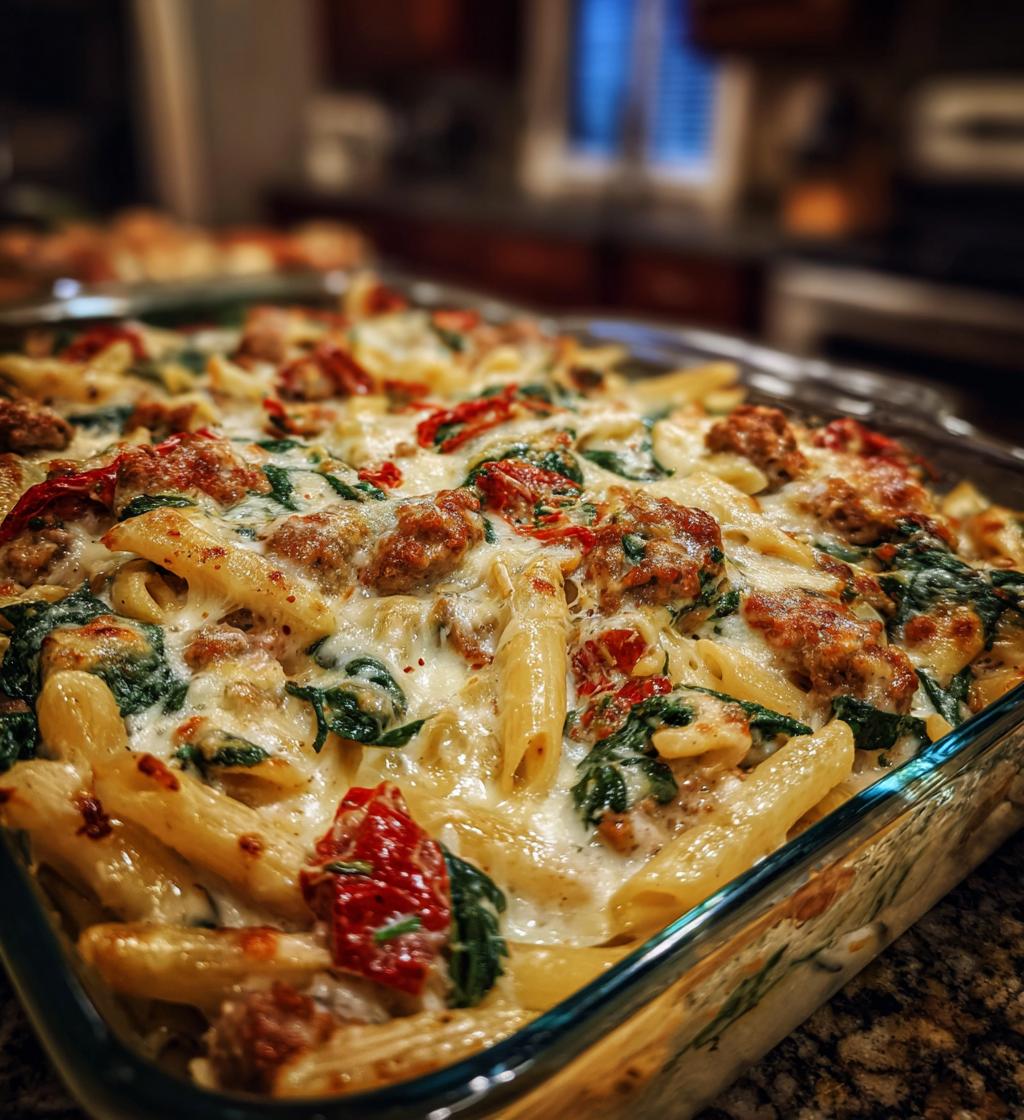creamy tuscan sausage pasta bake recipe - detail 1