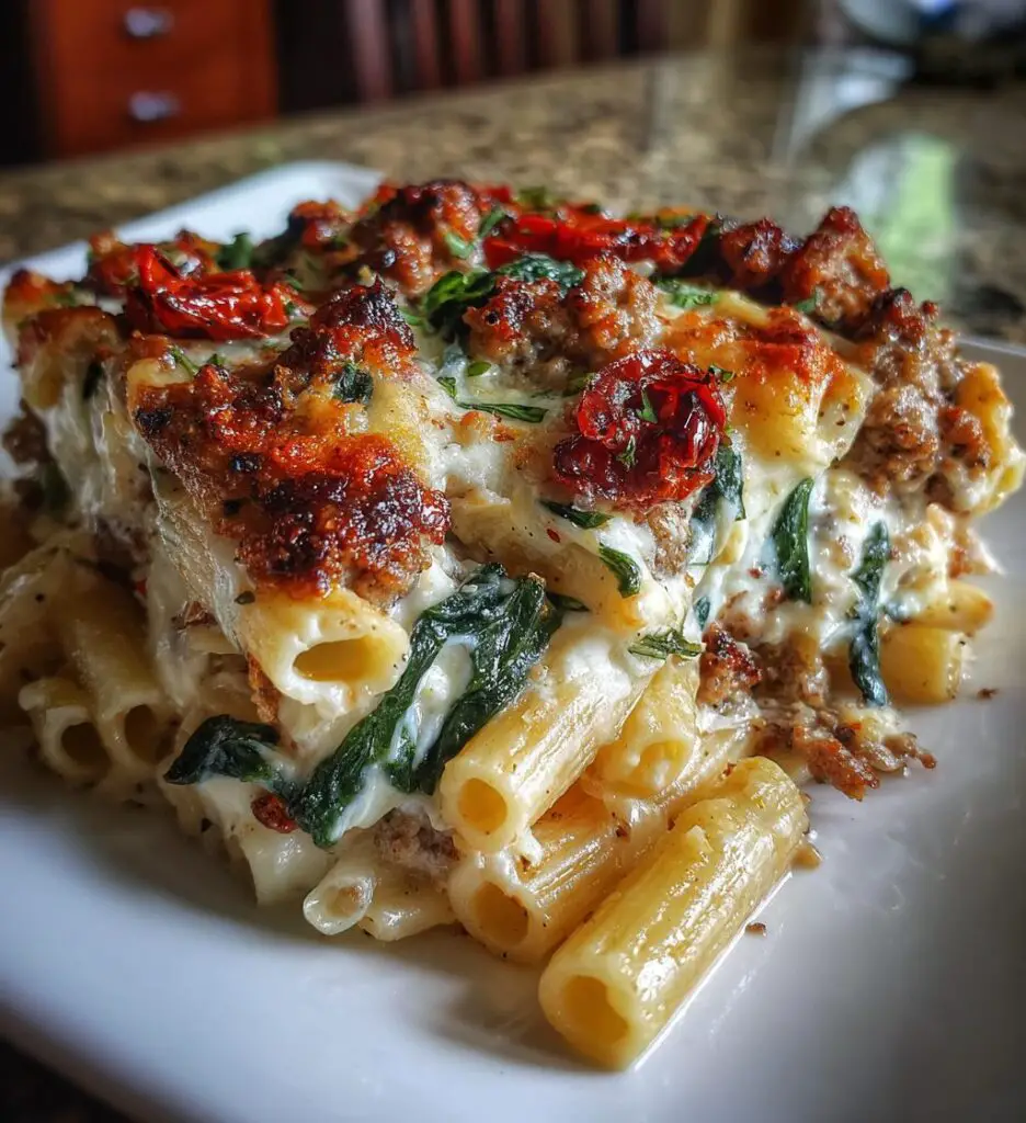 creamy tuscan sausage pasta bake recipe