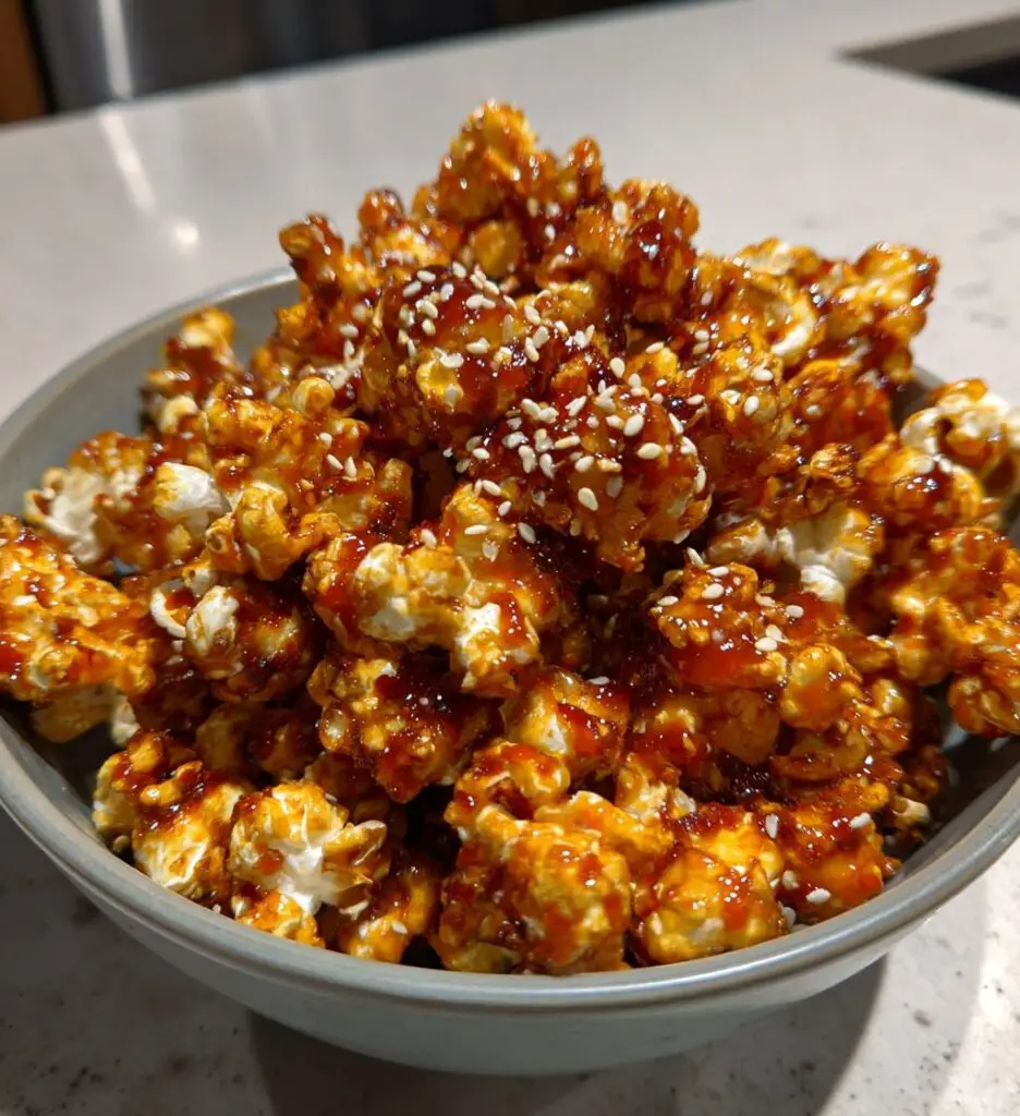 gochujang caramel popcorn with sesame seeds sweet spicy