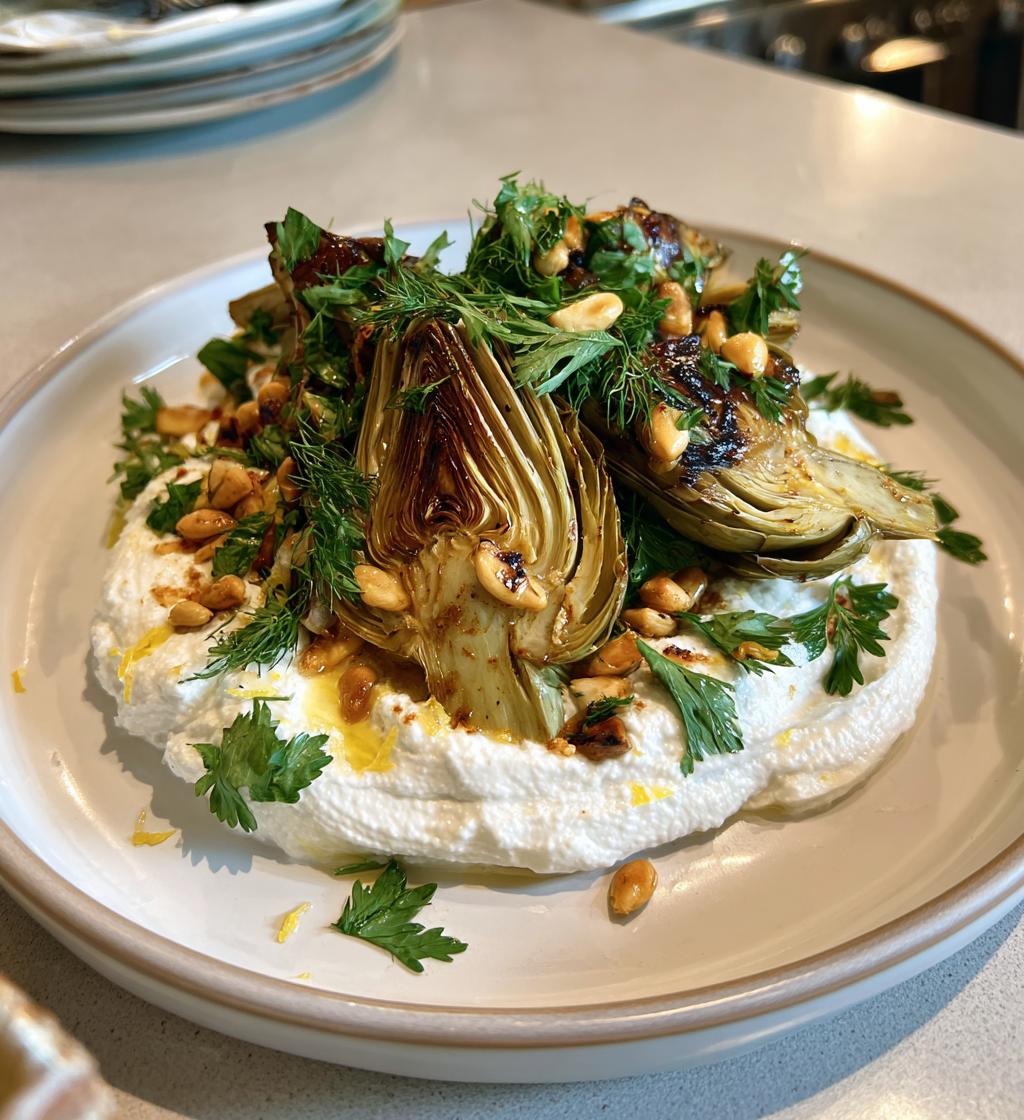 lemon whipped ricotta with charred artichokes toasted pine nuts - detail 1