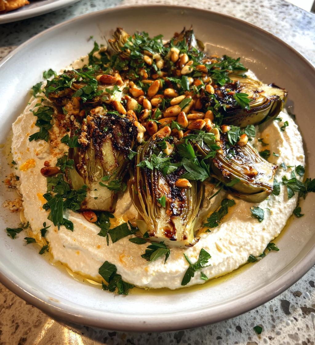 lemon whipped ricotta with charred artichokes toasted pine nuts