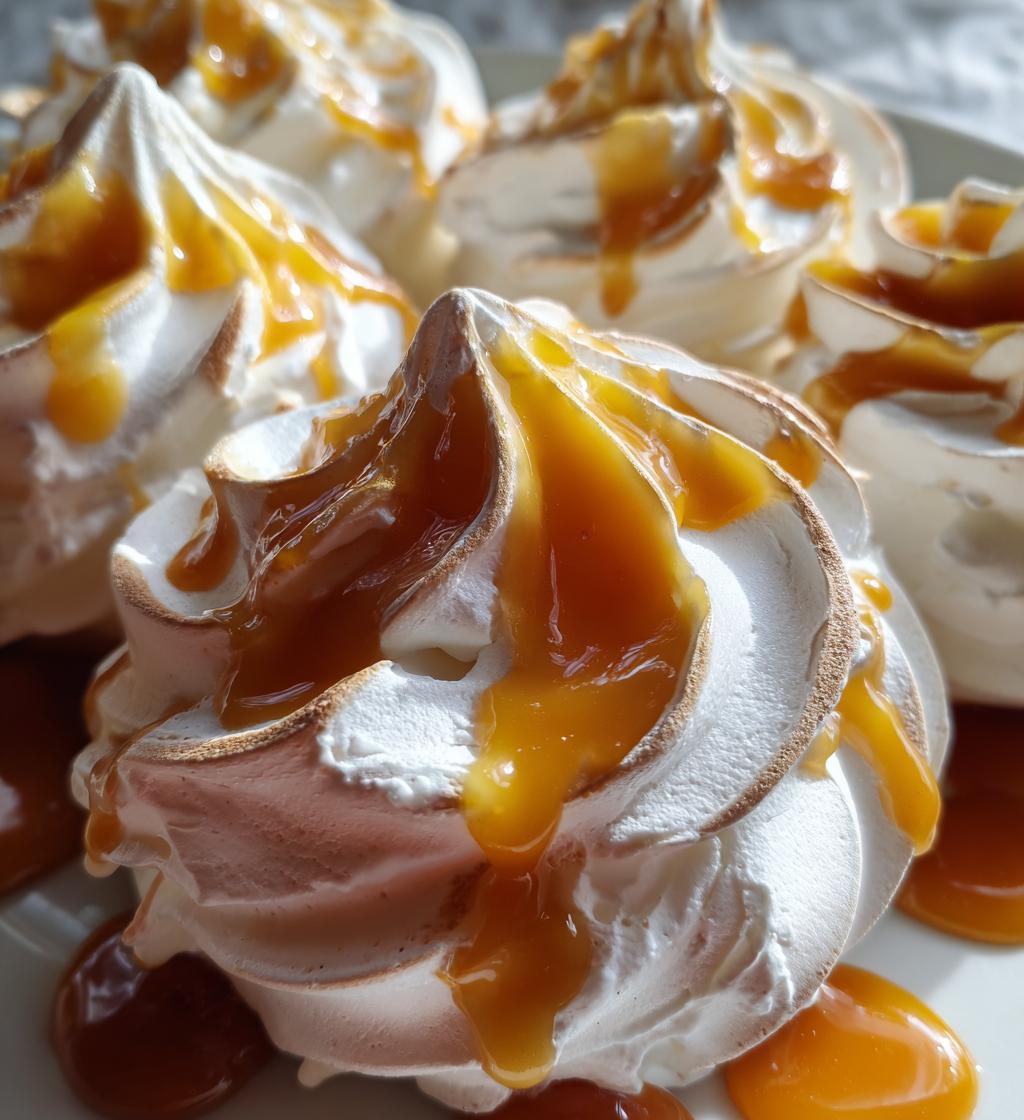 miso mango meringue clouds with caramel swirl