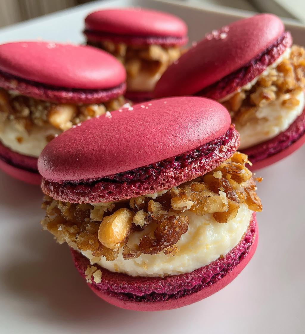 savory beet macarons with goat cheese walnut crunch - detail 1