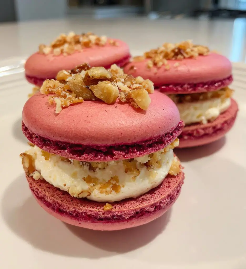 savory beet macarons with goat cheese walnut crunch